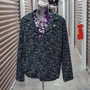 CJ Banks Women's Plus Size 2X Marbled Blue Green Black Tweed Zip Up Jacket